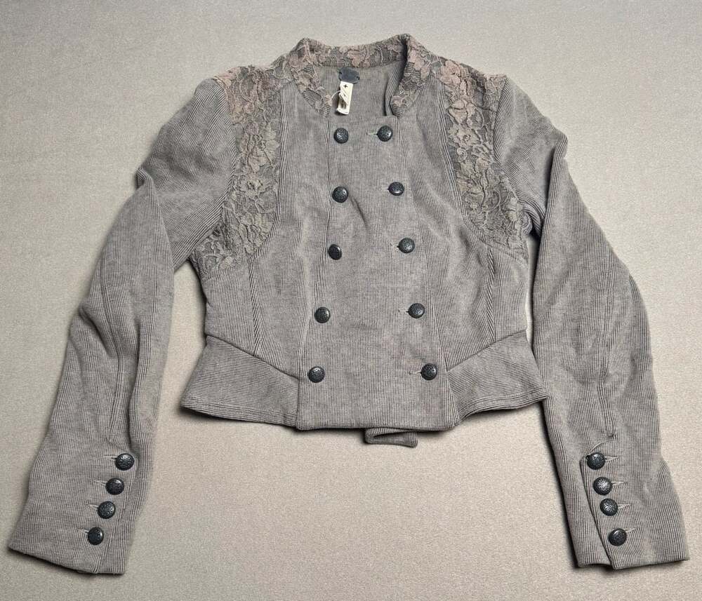 We The Free Free People Victorian Lace Military Cropped Jacket Gray